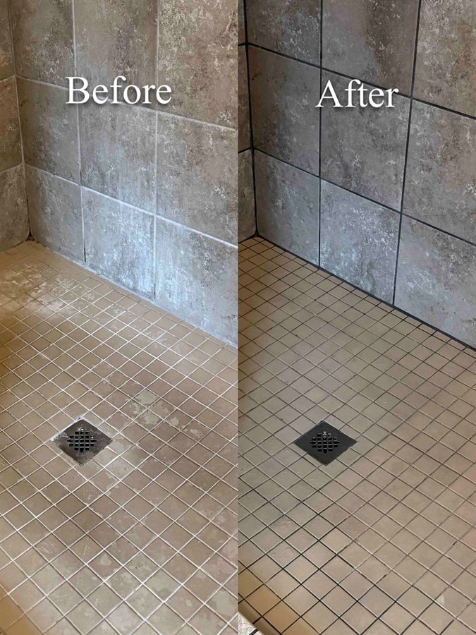 Before and after shower tile cleaning by Haven Home Cleaning